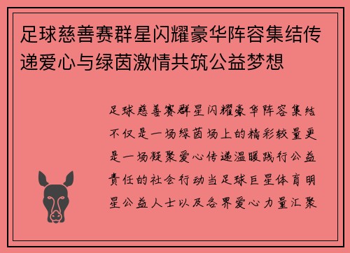 足球慈善赛群星闪耀豪华阵容集结传递爱心与绿茵激情共筑公益梦想 足球慈善赛群星闪耀豪华阵容集结传递爱心与绿茵激情共筑公益梦想
